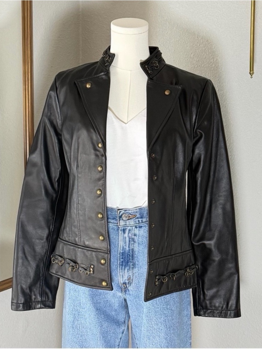 Damselle New York Black Leather Jacket S Gold Ring Hardware Cinched Y2K Moto